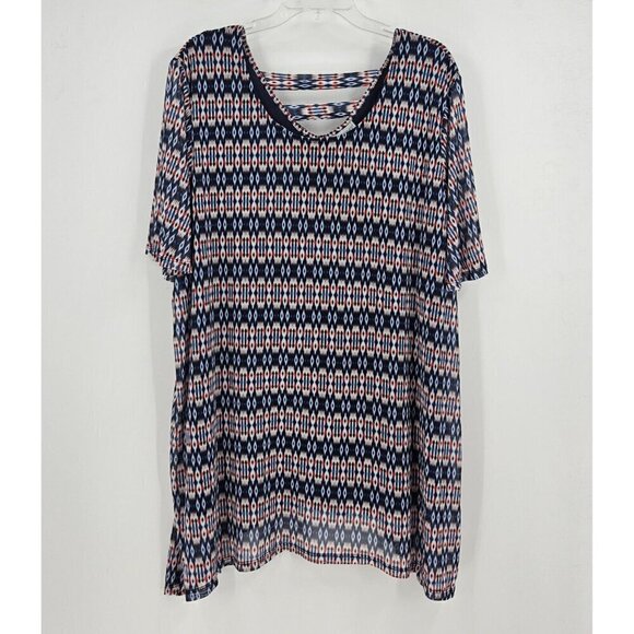 Catherines Tops - Catherines Womens Mesh Overlay Lined Top 2X Red Blue Patten Short Sheer Sleeve
